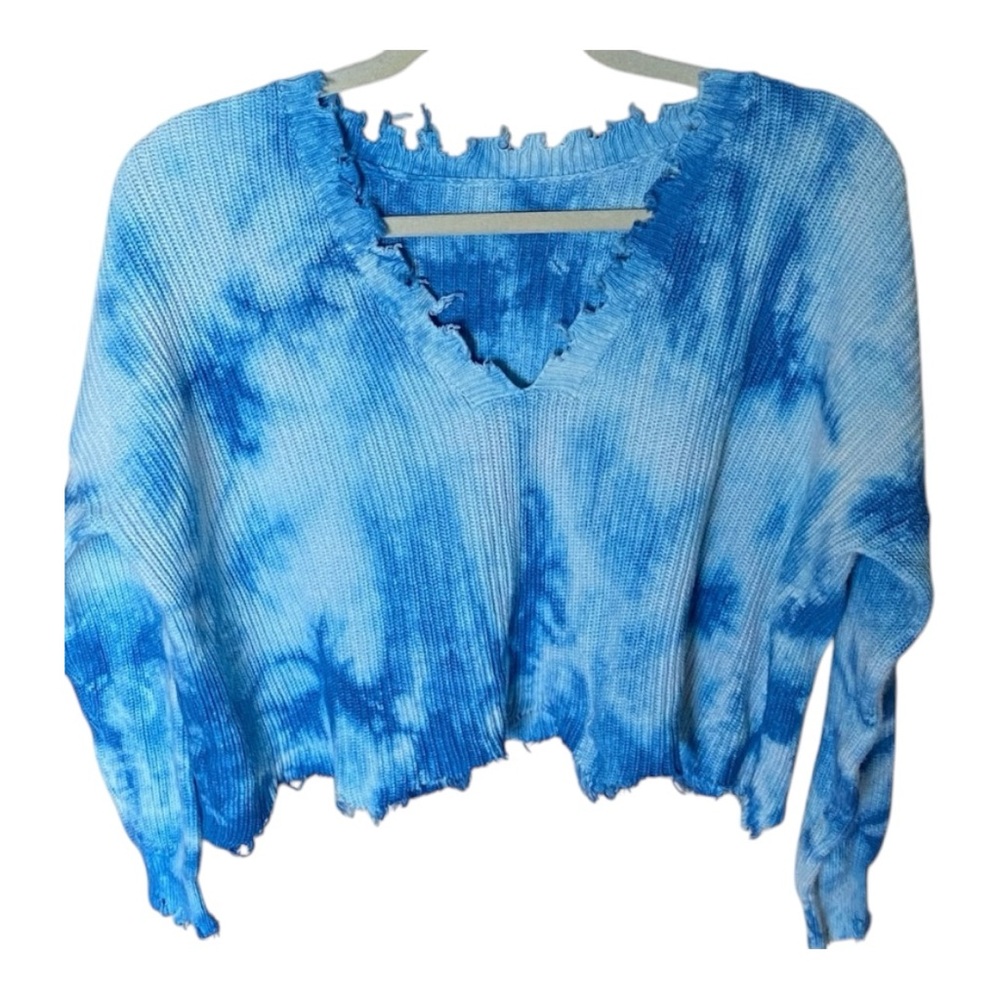 Distressed Tie Dye Blue and White V Neck Cropped Sweater